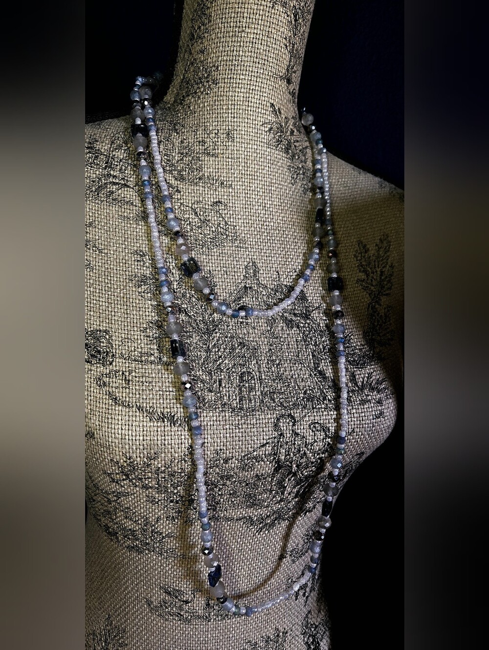 "5/$40" Long Double Strand 1946 Shades Of Gray Gemstone/Bead/Crystal Necklace
